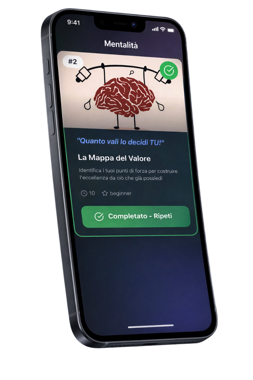 Schermo di smartphone con l'illustrazione di un cervello e testo in italiano. Sullo schermo si legge