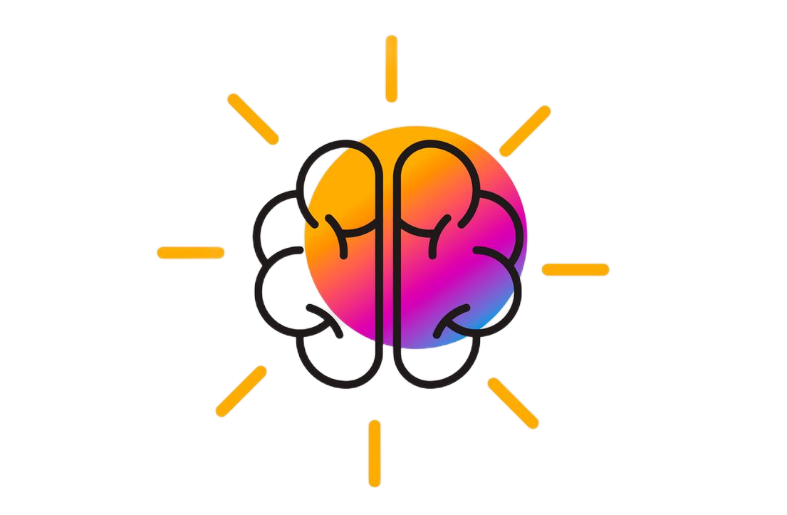 Icona del cervello con centro sfumato arancione e viola e linee gialle che si irradiano.