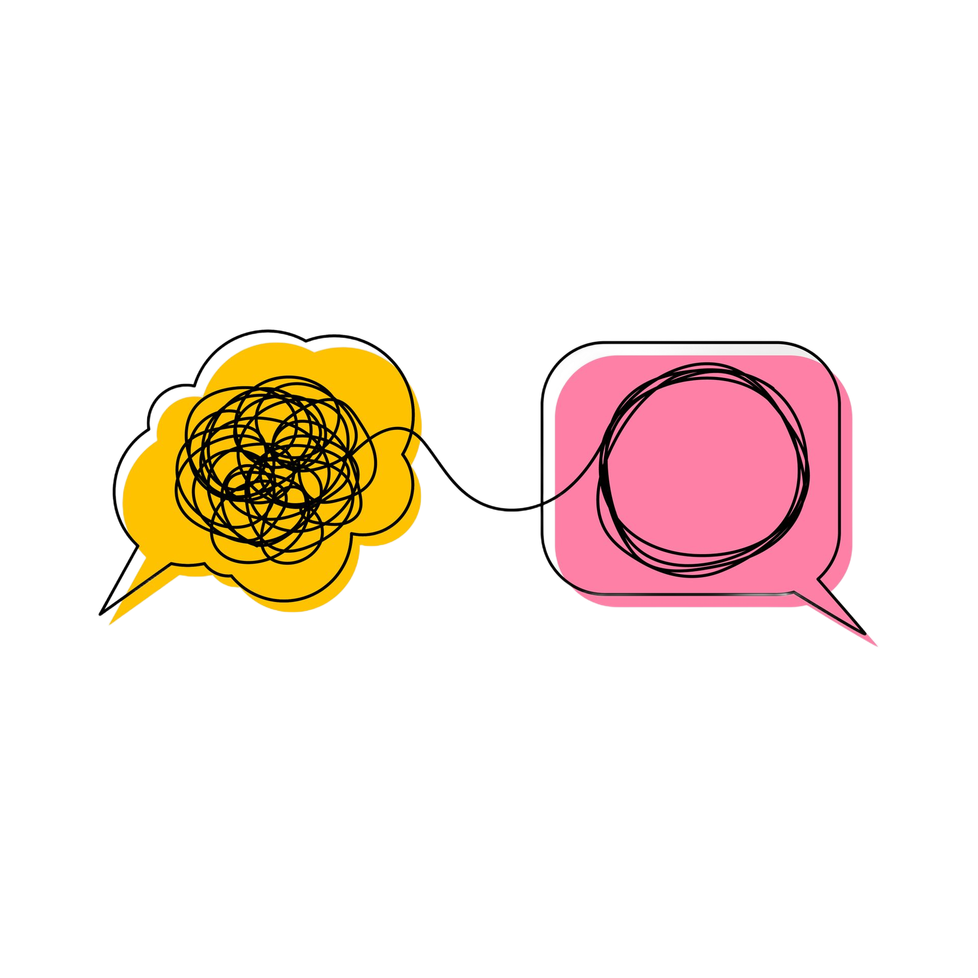 Fumetto giallo con linee aggrovigliate collegato a un fumetto rosa con un cerchio trasparente, che simboleggia comunicazione e chiarezza.