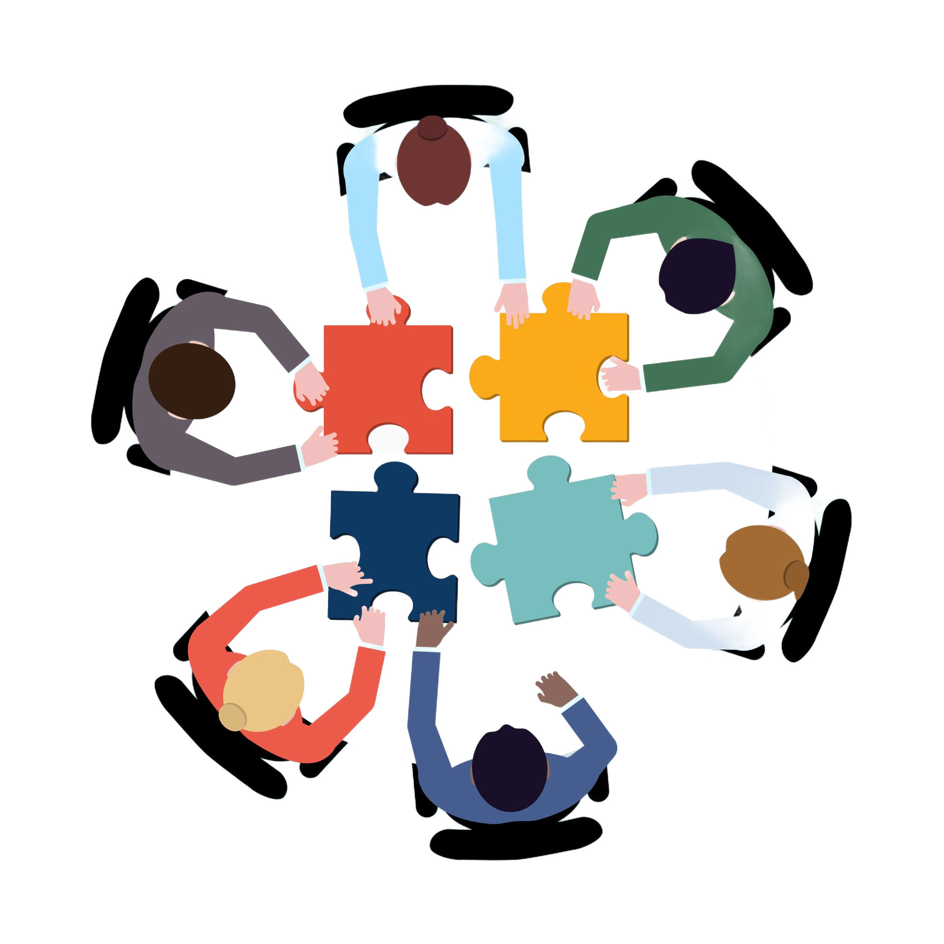 Persone sedute attorno a un tavolo che collegano pezzi di puzzle di colori diversi.