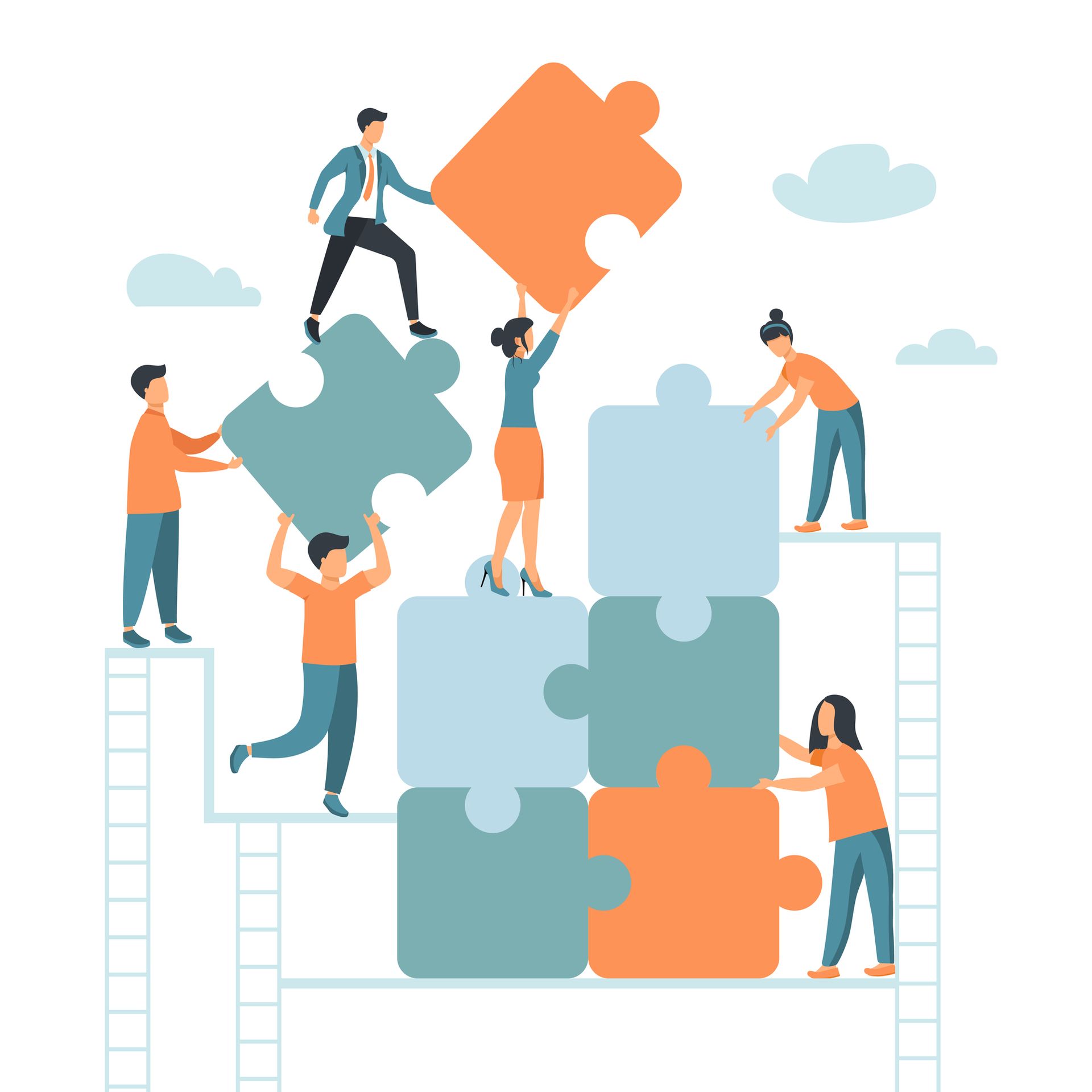 Persone che assemblano i pezzi di un puzzle, simboleggiando il lavoro di squadra e la collaborazione.