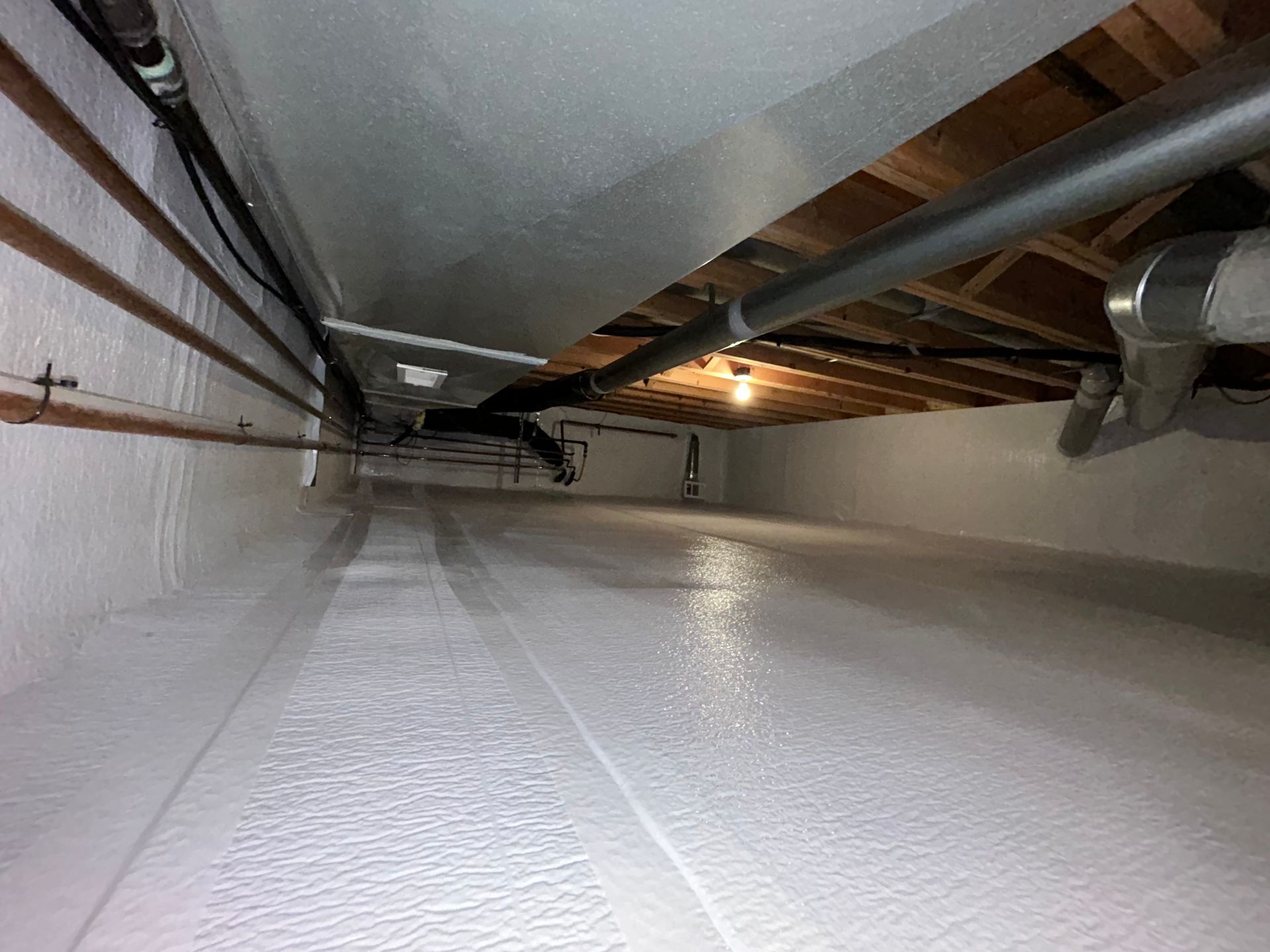 Basement interior showing exposed wood beams and studs, cinder block walls, and plastic sheeting. Two work lights.