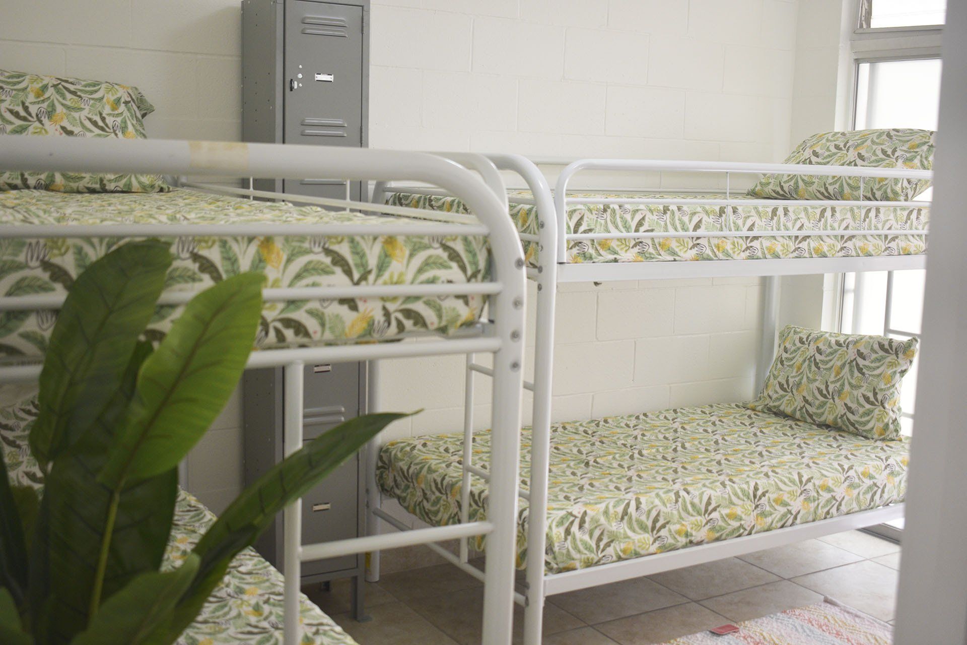 Waikiki Beachside Hostel 8 bed dorm room. Tropical bunk beds and lockers