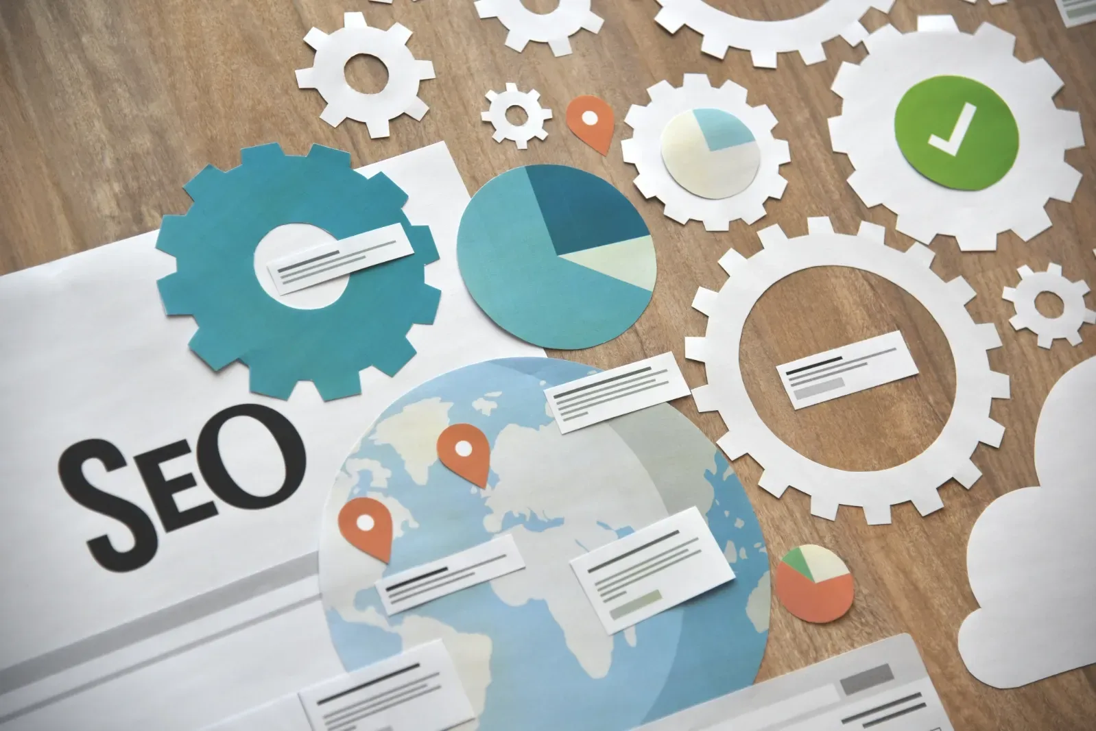 Desktop with assorted SEO icons representing search engine optimization services in Tucson.