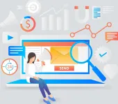 Lead Peak Media graphic of a person sitting on an open laptop with assorted icons, representing Tucson lead generation systems.