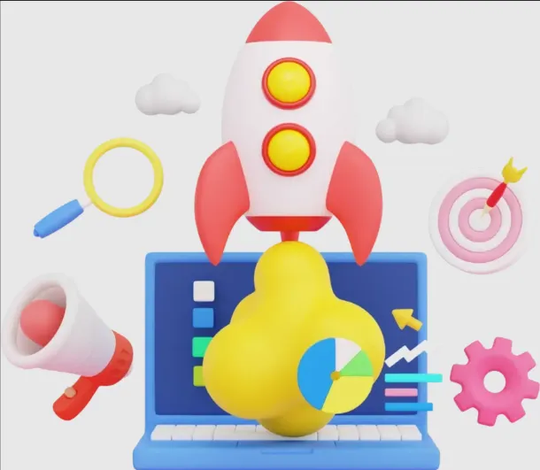 Lead Peak Media illustration of a rocket launching from a laptop with analytics icons, representing Tucson SEO and lead generation growth.