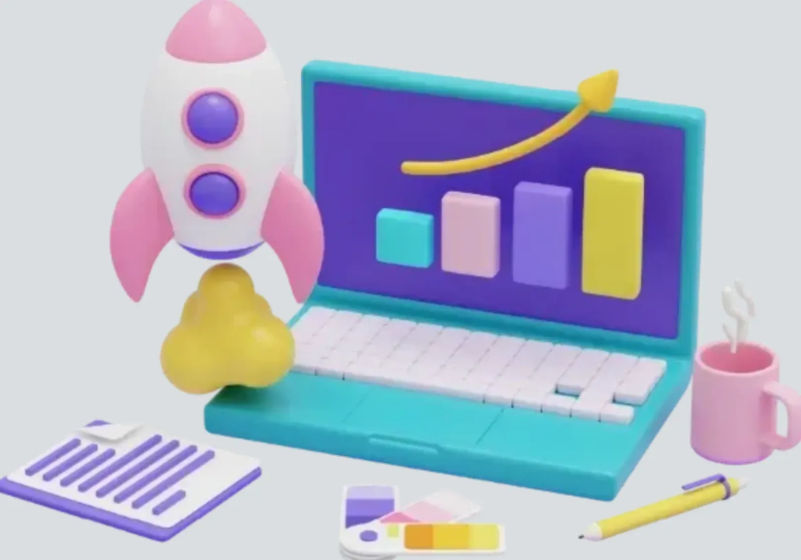 Cartoon illustration of a rocket launching from a laptop displaying a bar graph, representing growth from Tucson social media ad campaigns.