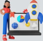 Illustration of a laptop with a rocket ship, globe, and pie chart symbolizing Tucson web design that drives business growth.