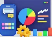 Graphic icons of a phone, gear, bar graph, and pie chart representing Tucson website leasing and digital marketing services.
