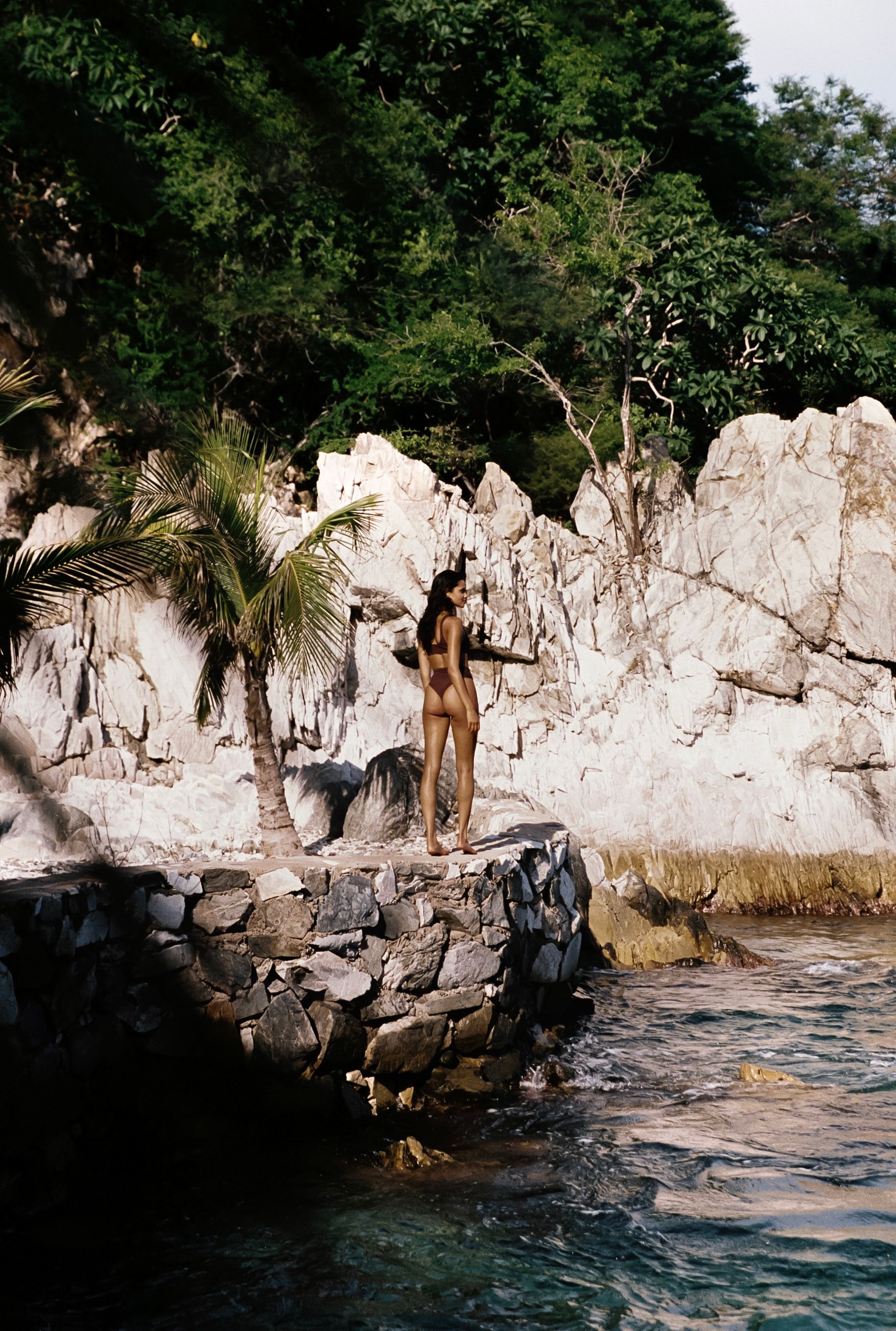 Mujer en traje de baño se encuentra sobre rocas junto al agua, de espaldas, con exuberantes árboles verdes en el fondo.