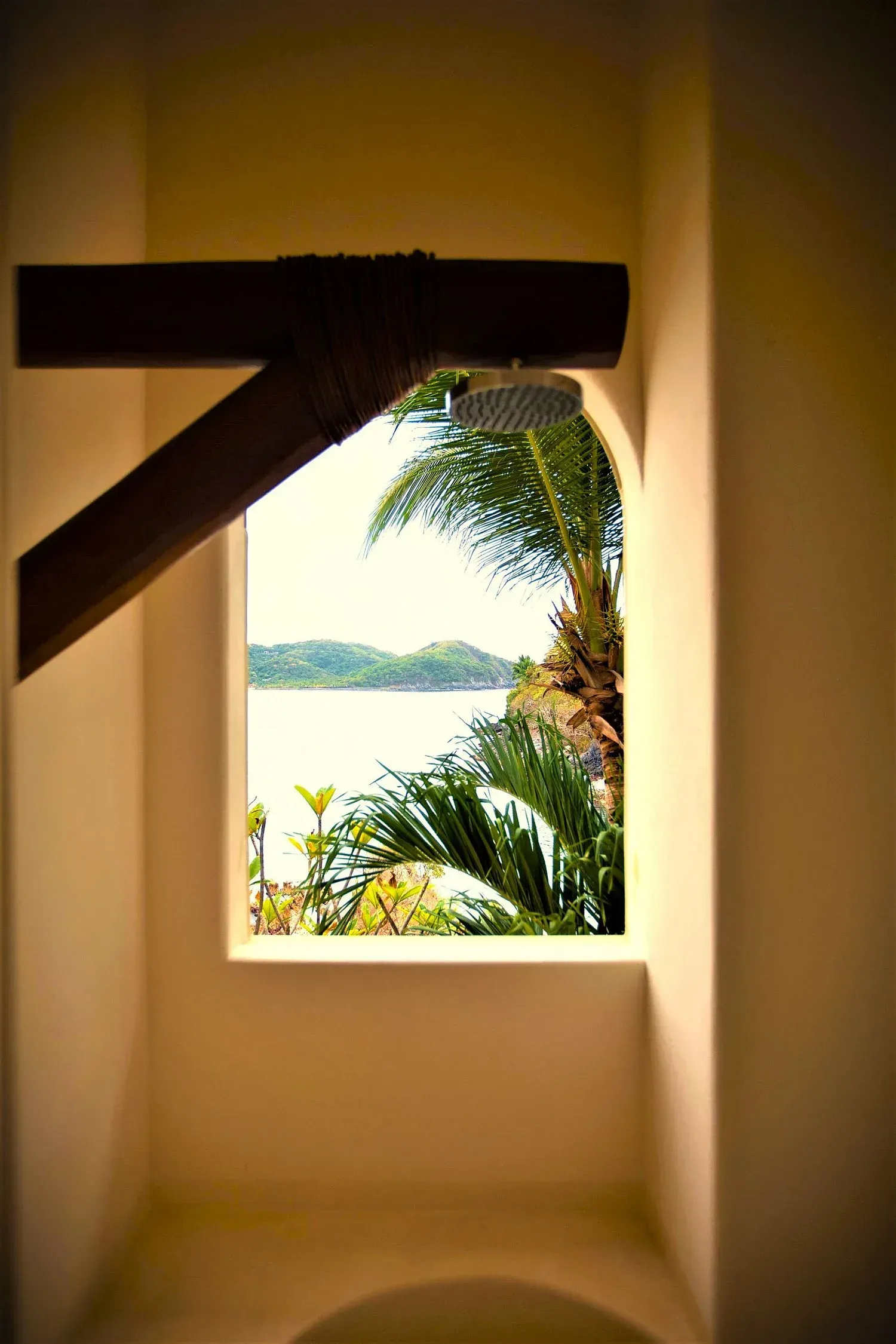 Vista a través de una ventana de un paisaje tropical con palmeras y agua.