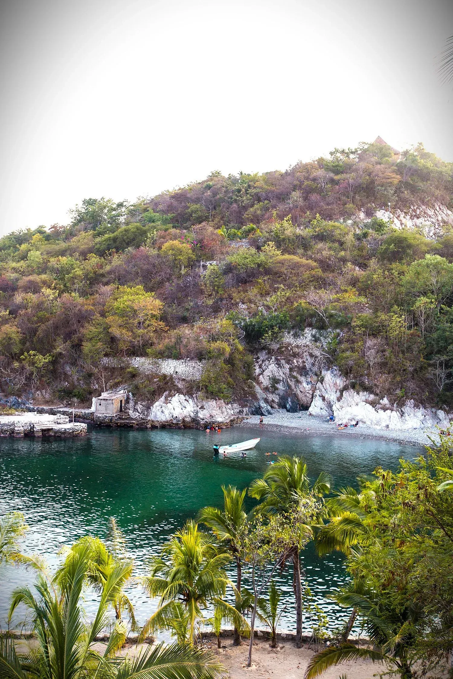 Bahía esmeralda con un barco blanco, rodeada de exuberantes árboles verdes y una ladera.
