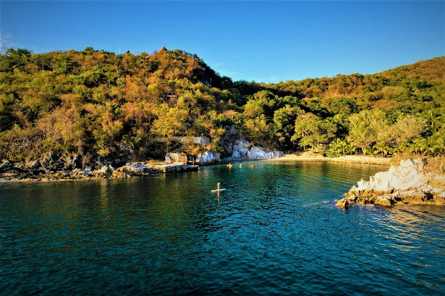Bahía aislada con agua azul clara, costa rocosa, colinas boscosas y una persona practicando paddleboarding.