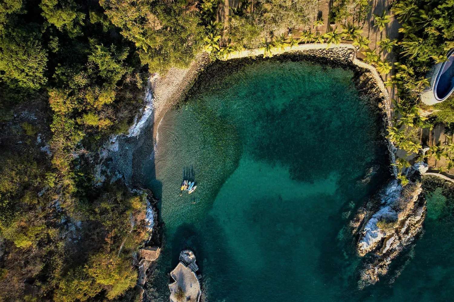 Vista aérea de una cala aislada con agua turquesa, rodeada de árboles y orilla rocosa.