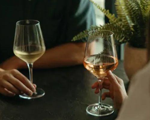 Two people are sitting at a table holding wine glasses.