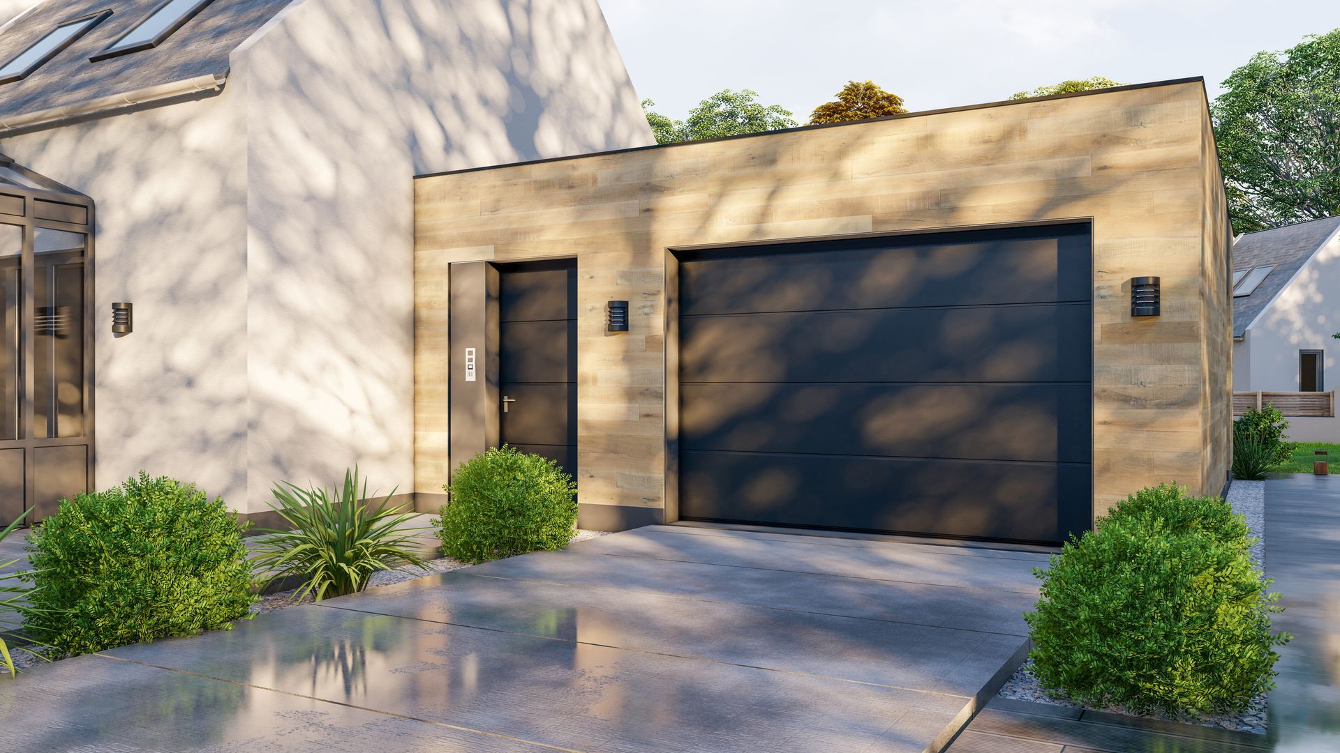 A white house with a black garage door and a black door.