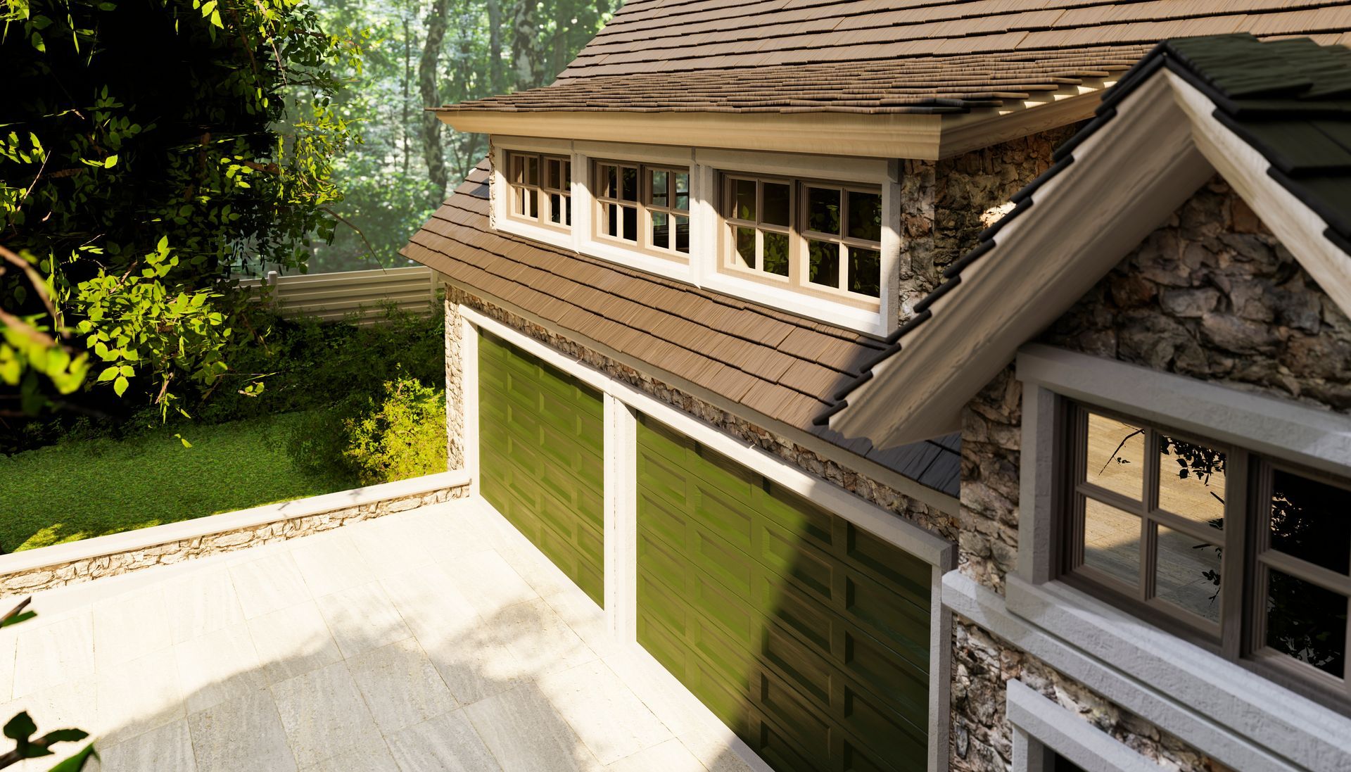 Stone-walled house with green garage doors and small windows. Sunlight hits the driveway and roof.