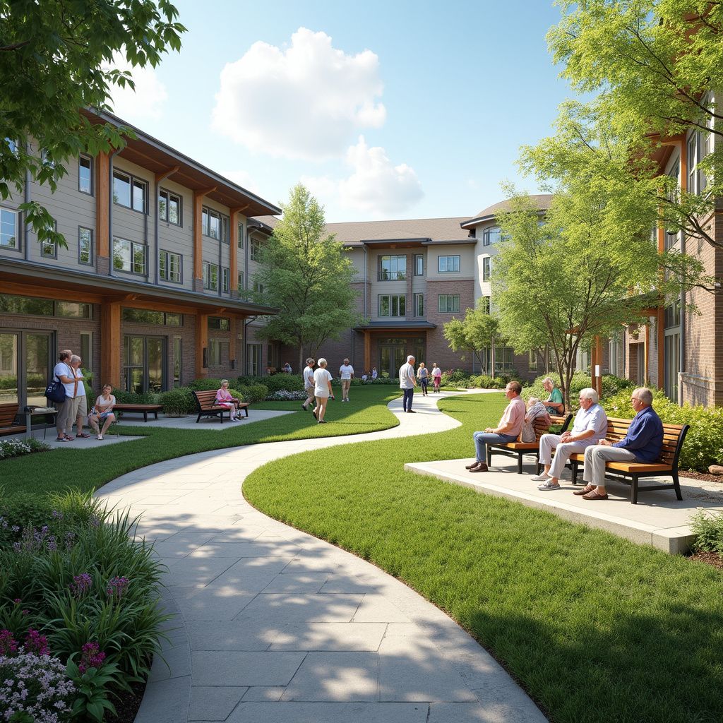 Courtyard of a senior living facility with residents relaxing on benches, strolling on walkways, under a sunny sky.