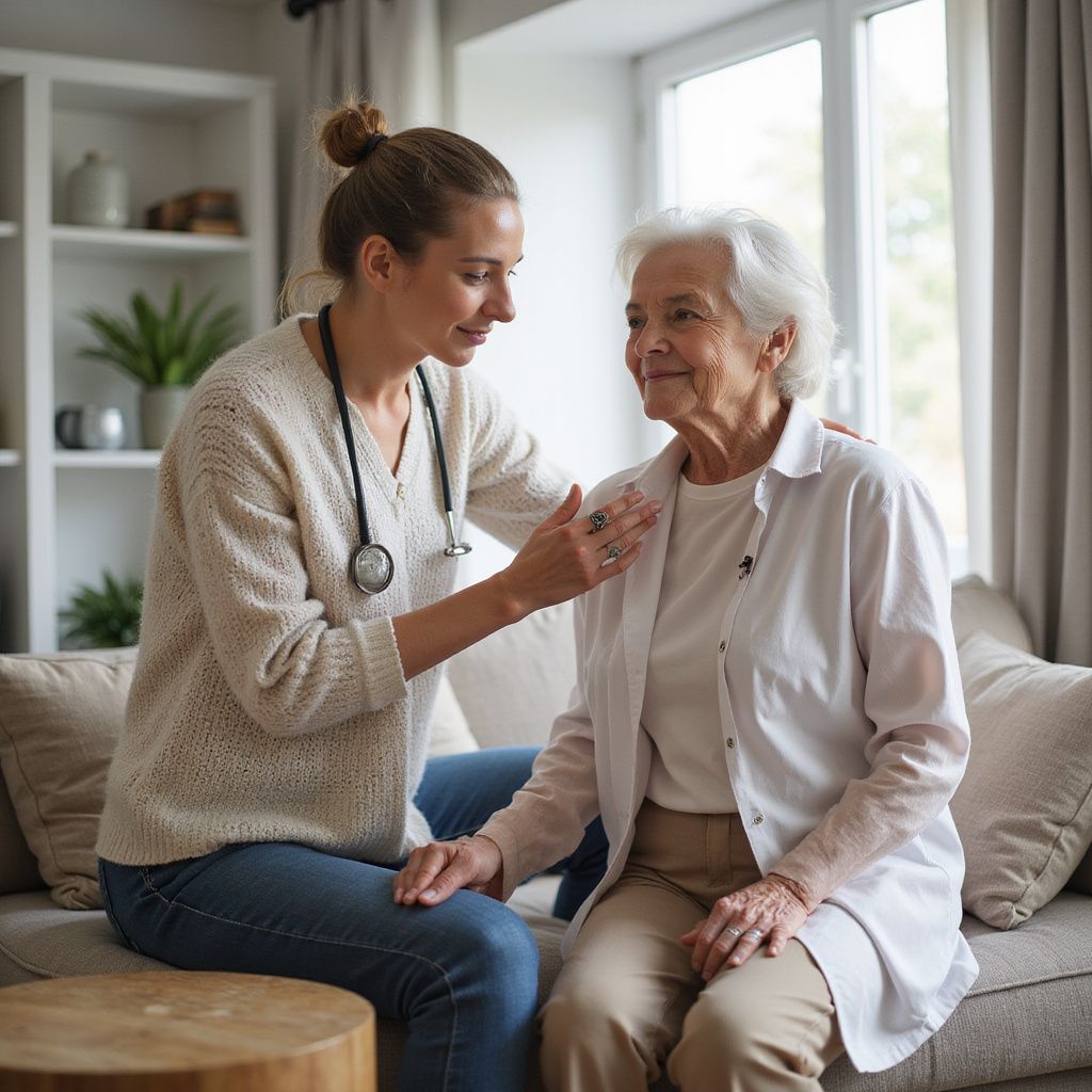 Healthcare provider comforts an older person on a couch in a home setting.