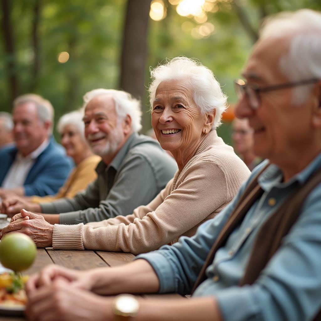 Group of seniors smiling at a table outdoors; sunny day, trees in background.