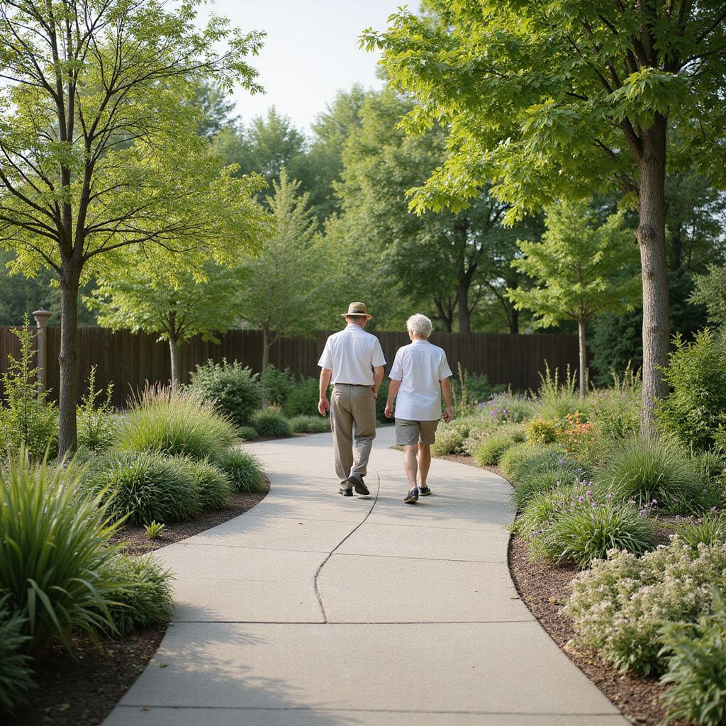 Couple walking on a paved path through a garden, trees and greenery surround them.
