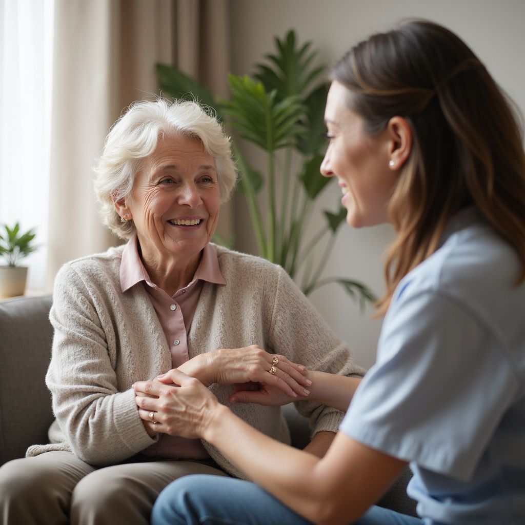 Woman smiles while holding hands with another woman in a living room.