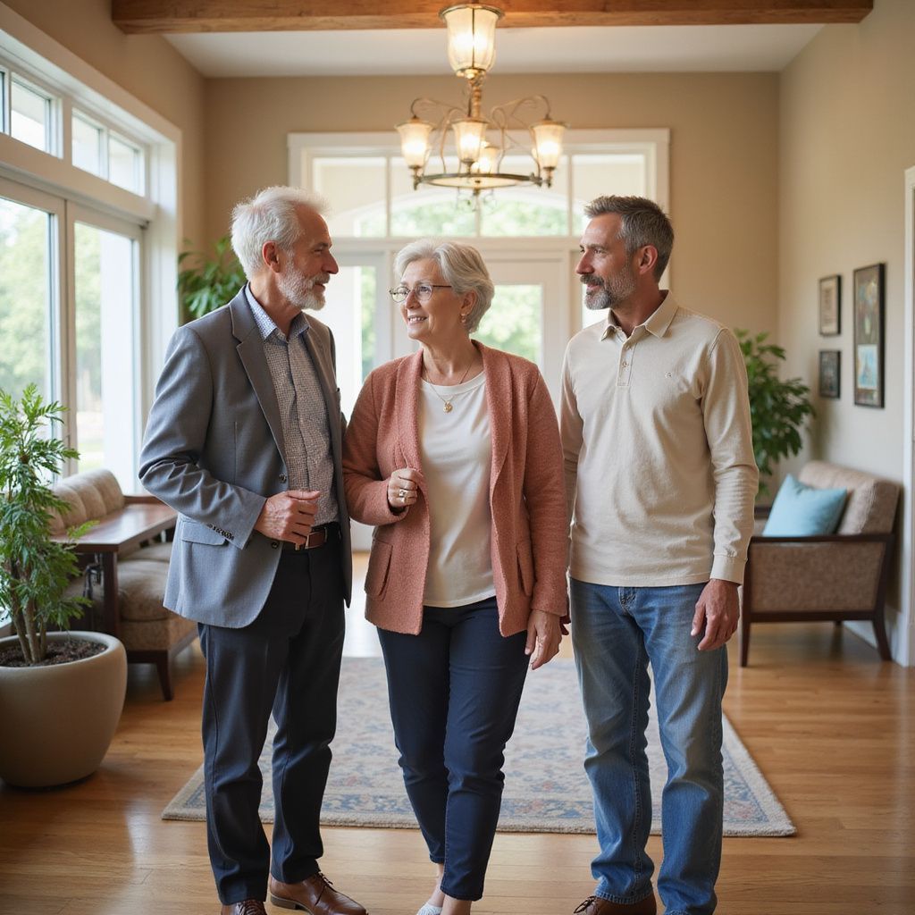 Three people conversing in a home's entryway: woman in pink cardigan, two men, one in a blazer.