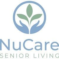 Logo for NuCare Senior Living: Hands cradling green leaves within a blue circle. Text below.