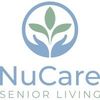 Logo for NuCare Senior Living: Hands cradling green leaves within a blue circle. Text below.