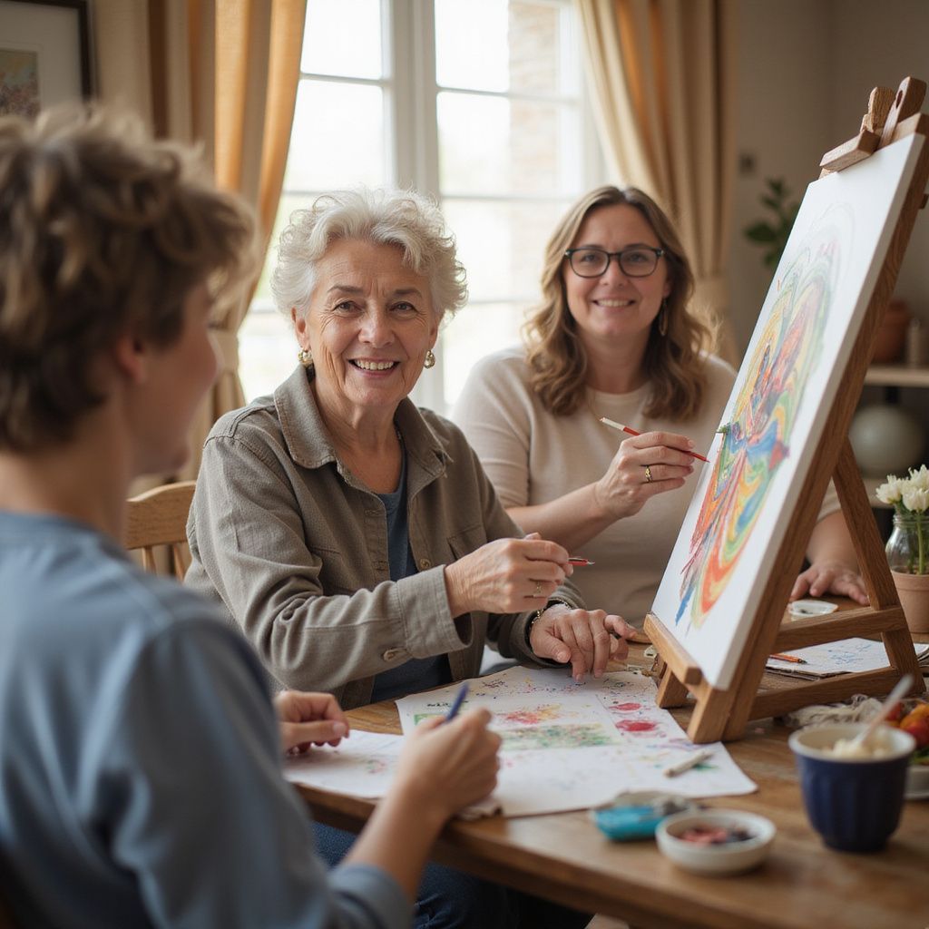 Three people painting together at a table. Elderly woman smiles, painting on an easel. Sunlight streams in.