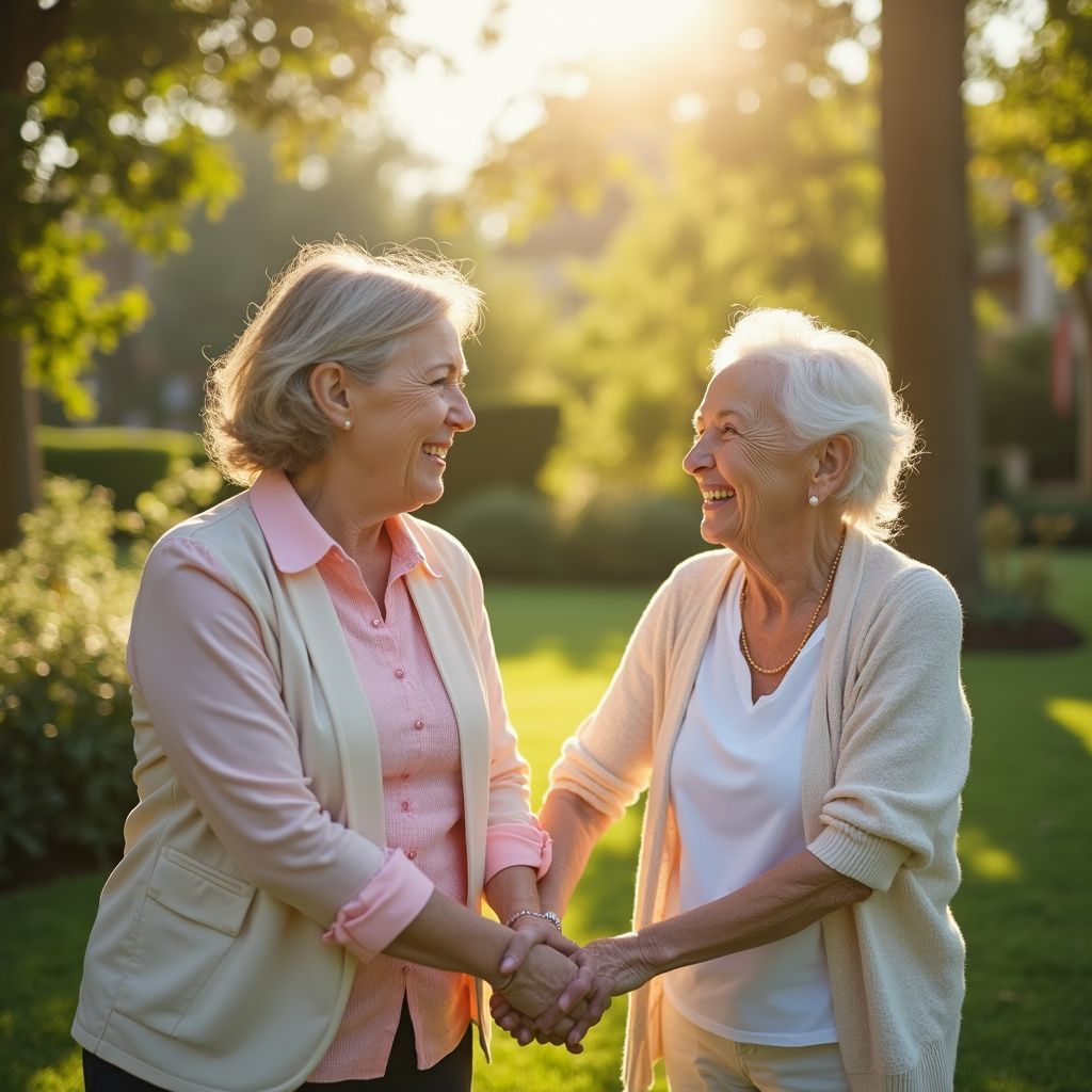 Two women holding hands, smiling, in a sunny park setting.