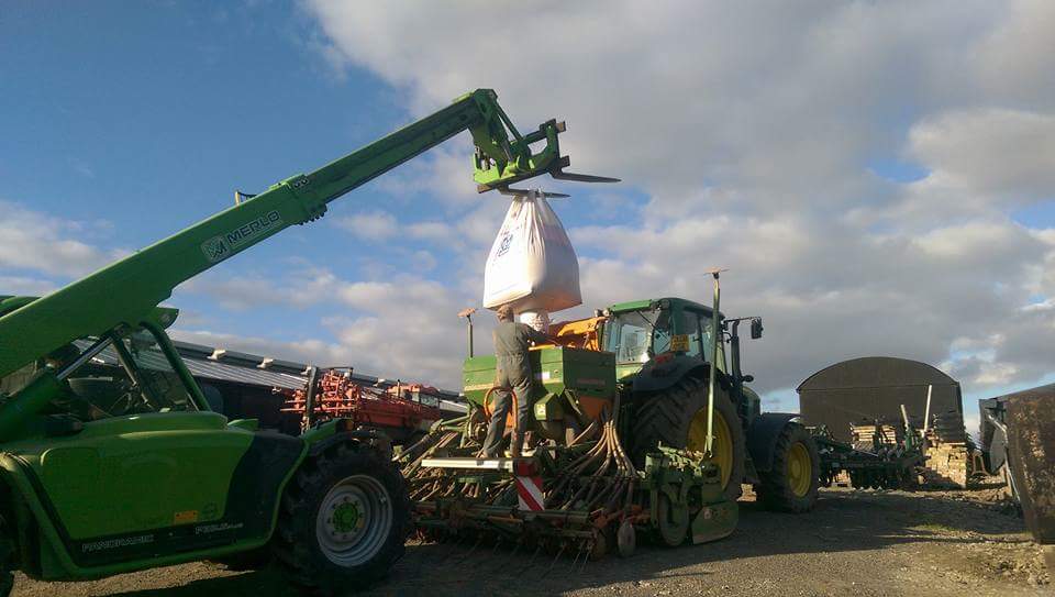 forklift truck lifting bag of seed