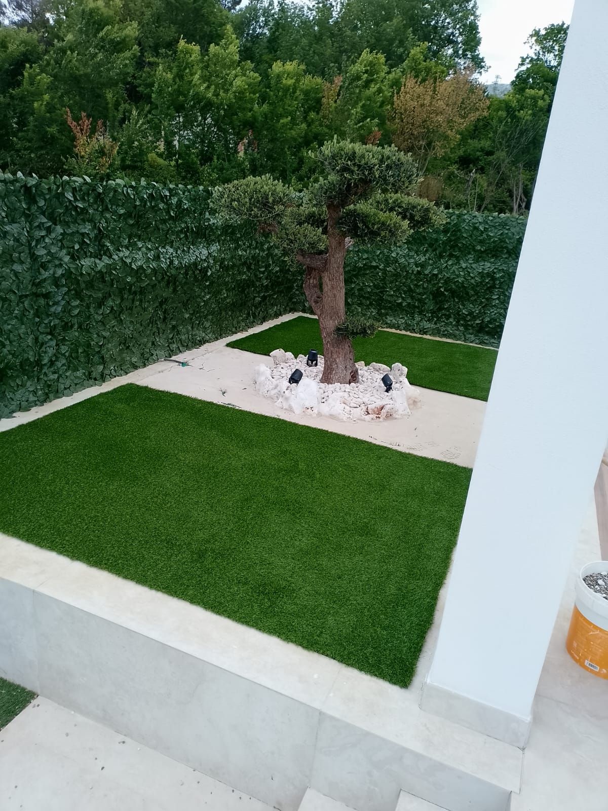 Uno spazio esterno moderno caratterizzato da zone di erba sintetica verde separate da lastre di pietra chiara e da un bonsai centrale.