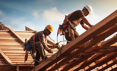 Two construction workers are working on the roof of a building.
