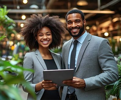 A man and a woman are standing next to each other holding a tablet.