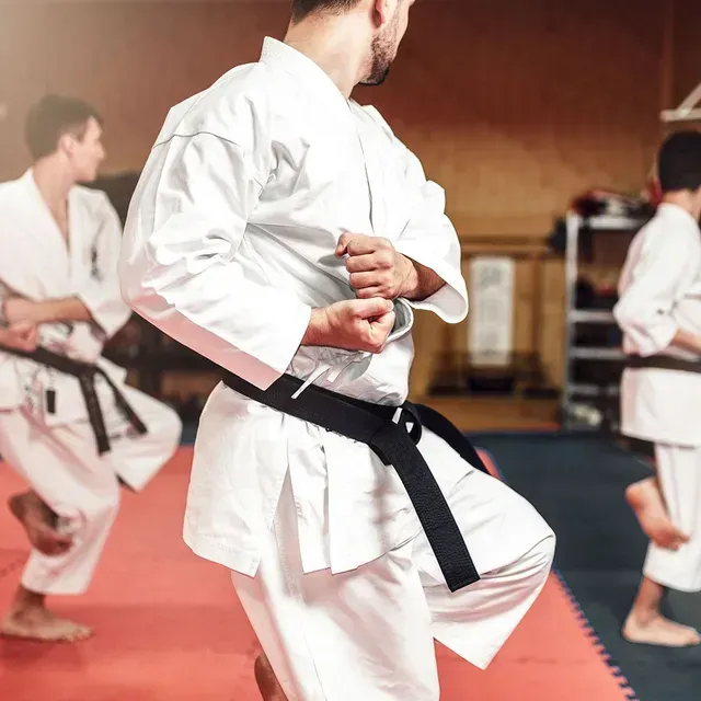 A group of men are practicing karate in a gym.