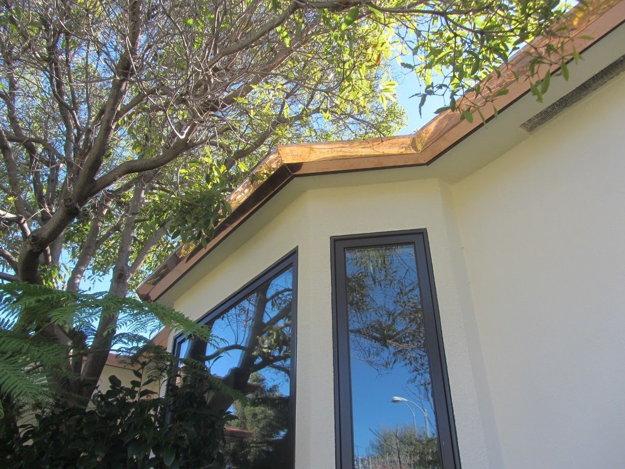 Corner of a building with brown trim, windows reflecting blue sky, and a tree.