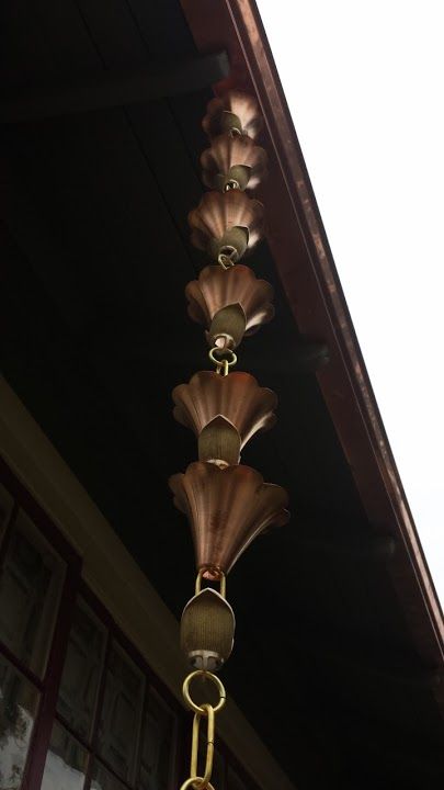 Copper rain chain with decorative scallop-shaped cups suspended from a dark brown roof.