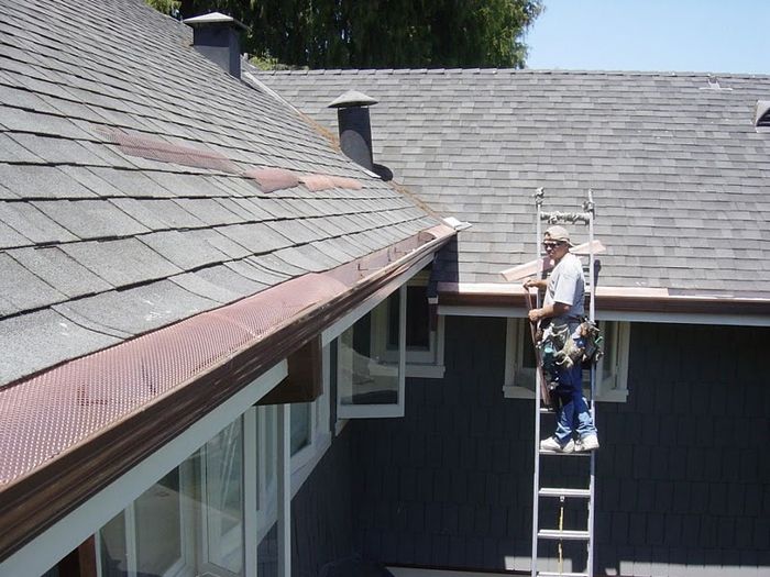 Person on ladder cleaning roof gutter on a house with gray shingles.
