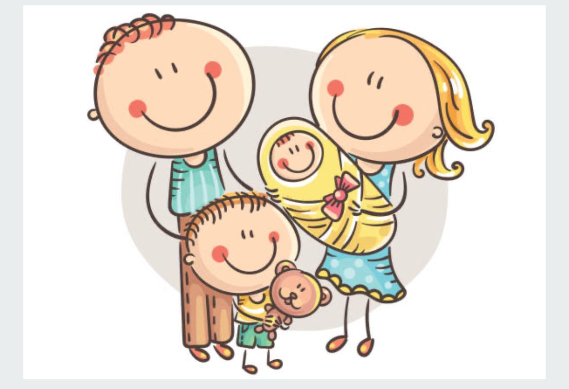 Illustration of a family with mom, dad, boy, and baby