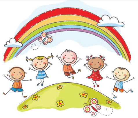 Five happy cartoon children jump on a grassy hill under a rainbow with two butterflies and clouds in a light blue sky.