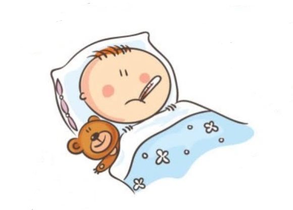 Illustration of a sick boy in bed with a thermometer in his mouth