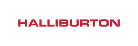 A red and white logo for halliburton on a white background.