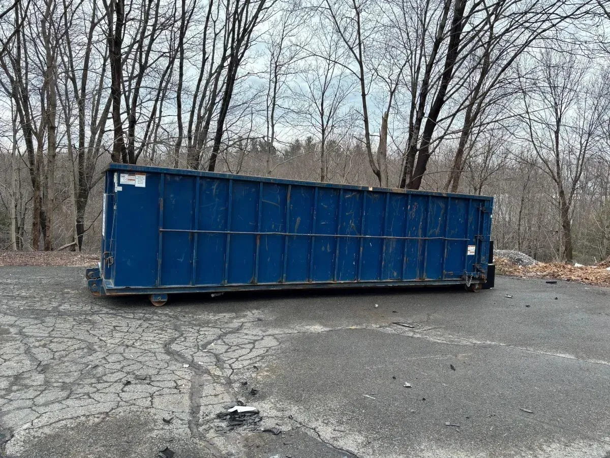 A large blue dumpster is parked on the side of the road.
