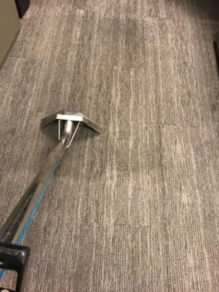 A vacuum cleaner is cleaning a carpet in a room.