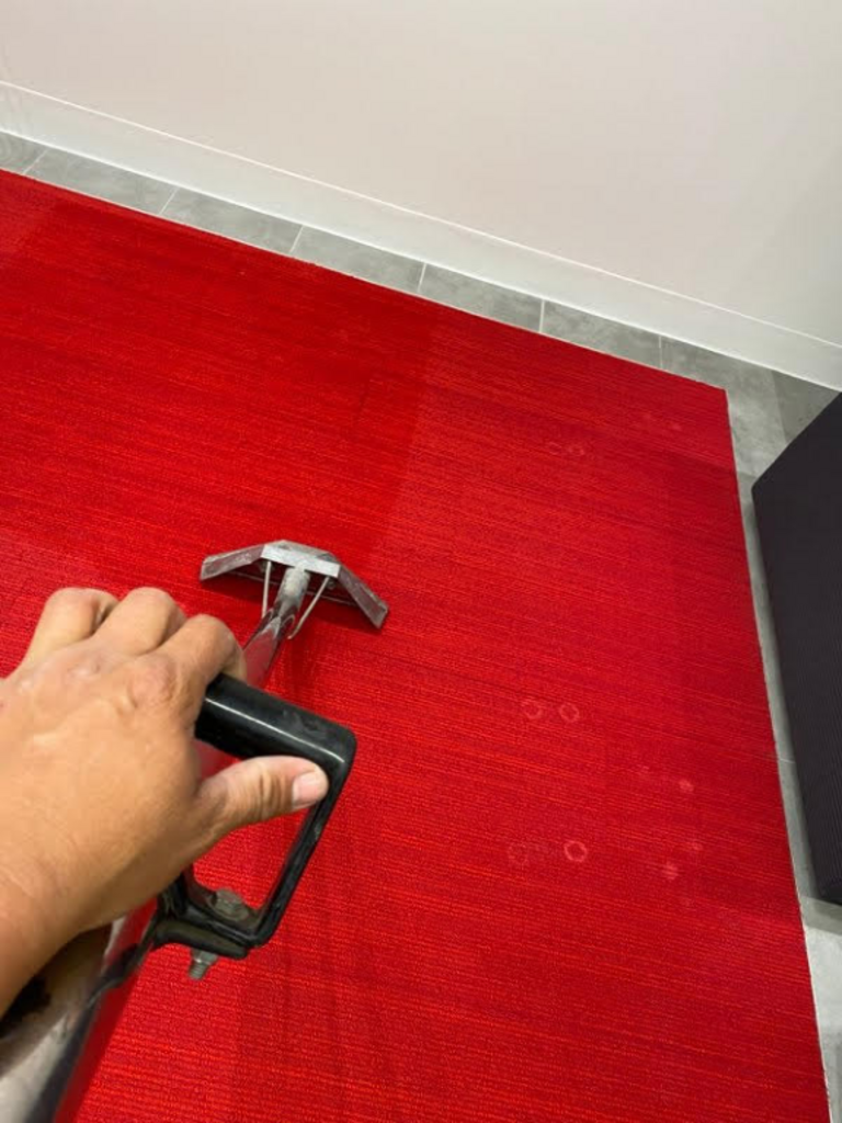 A person is cleaning a red rug with a vacuum cleaner.