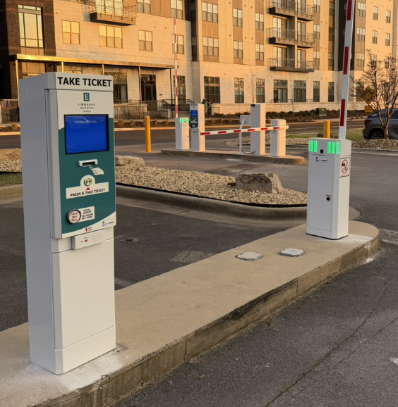 Complete Parking BOXX parking management system with pay station, barrier gate, and LPR camera