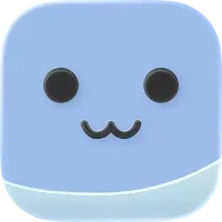 A light blue square app icon with a stylized, minimalist face featuring two black circular eyes and a w-shaped mouth.
