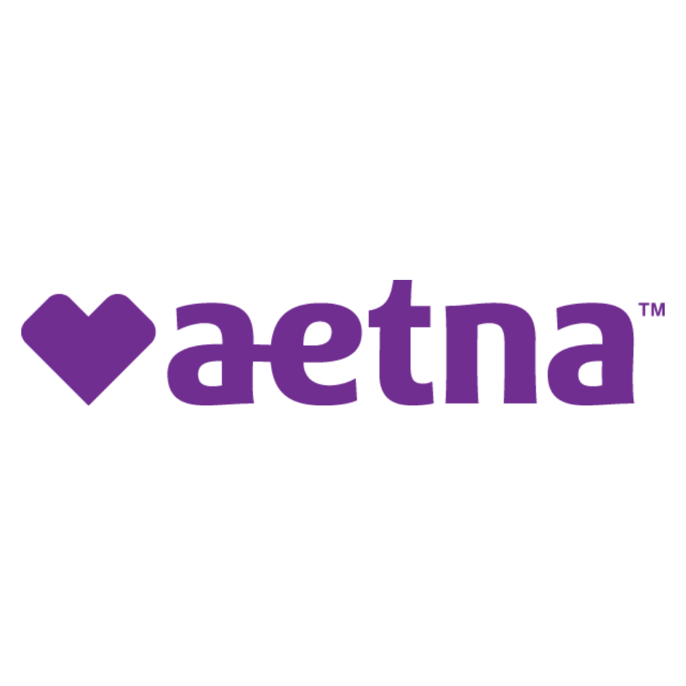 The aetna logo is purple with a heart in the middle.