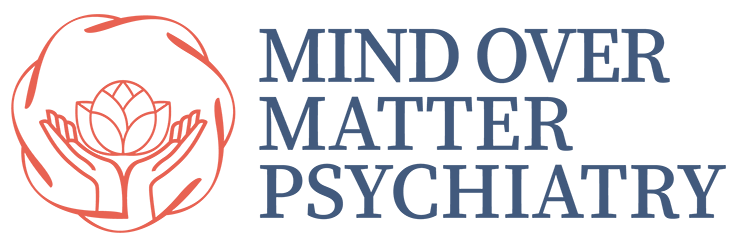 A logo for mind over matter psychiatry with two hands holding a flower.